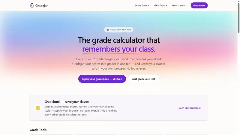 The GradeJar home page and grade calculator.