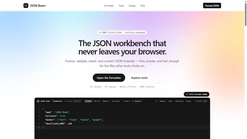 The JsonBeam home page, with the formatter open below the headline.